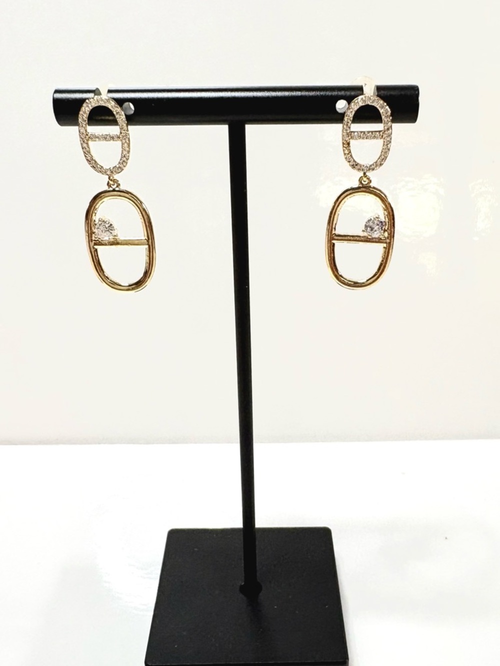18k Filled Gold Drop Oval Dangle Earrings - Pave Stones and CZ stones.